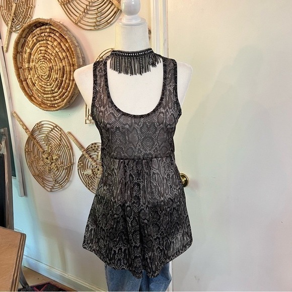BKE Sheer Snakeskin Print Cinch Waist Tank Top Y2K Night Out Clubwear Mesh M - Picture 1 of 7